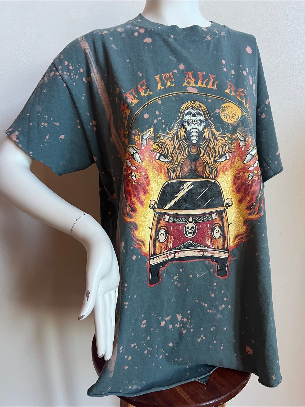 Pebby Forevee VW van Green Short Sleeve Graphic Tee with Flaming skeleton Motif